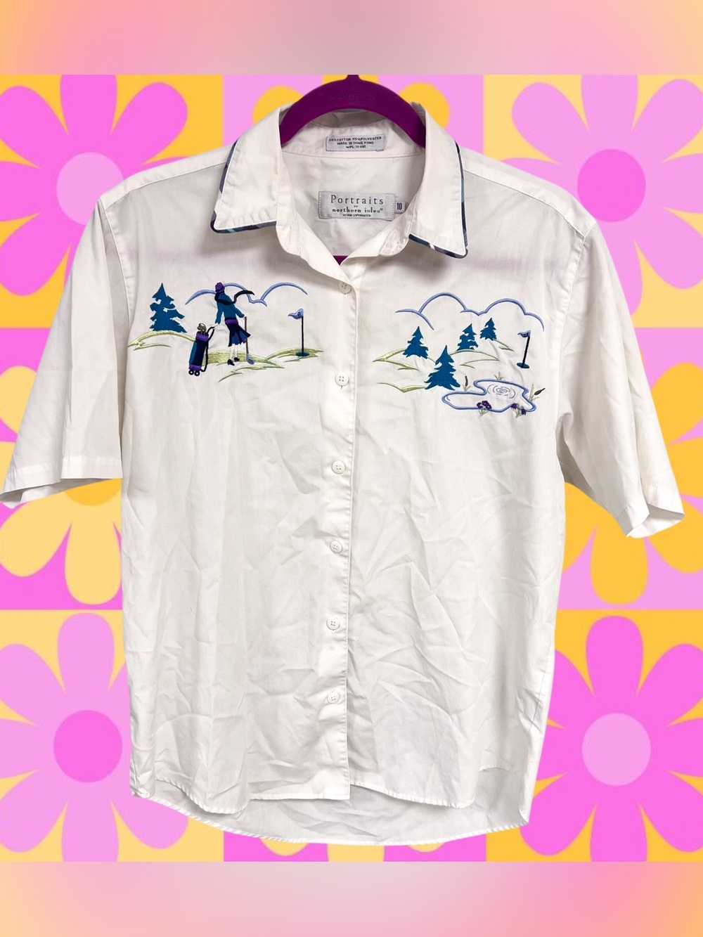 Vintage Portrait by northern isles white embroidered ladies golf button up